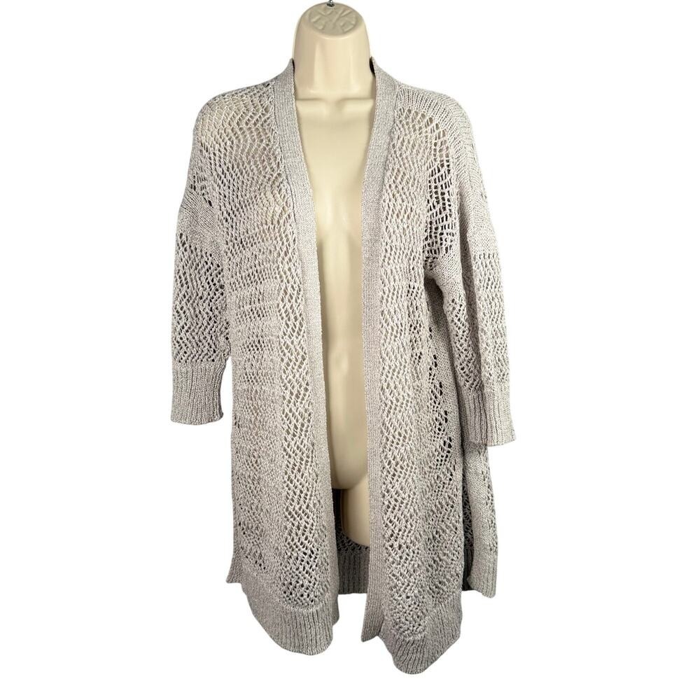 T Tahari Cardigan Womens Medium Gray Silver Metallic Crochet Knit Open Front